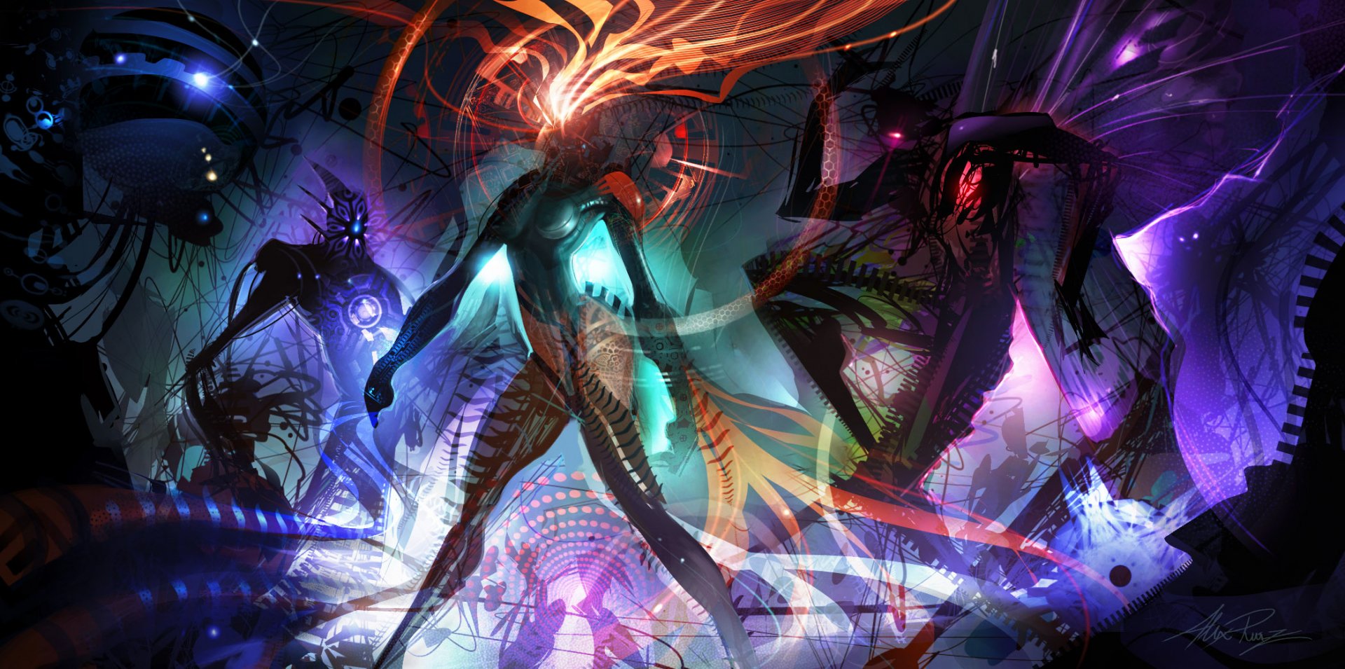A vibrant sci-fi scene featuring a striking robot and abstract figures, illuminated with dynamic colors and intricate designs, serves as an engaging HD PC desktop wallpaper and background.