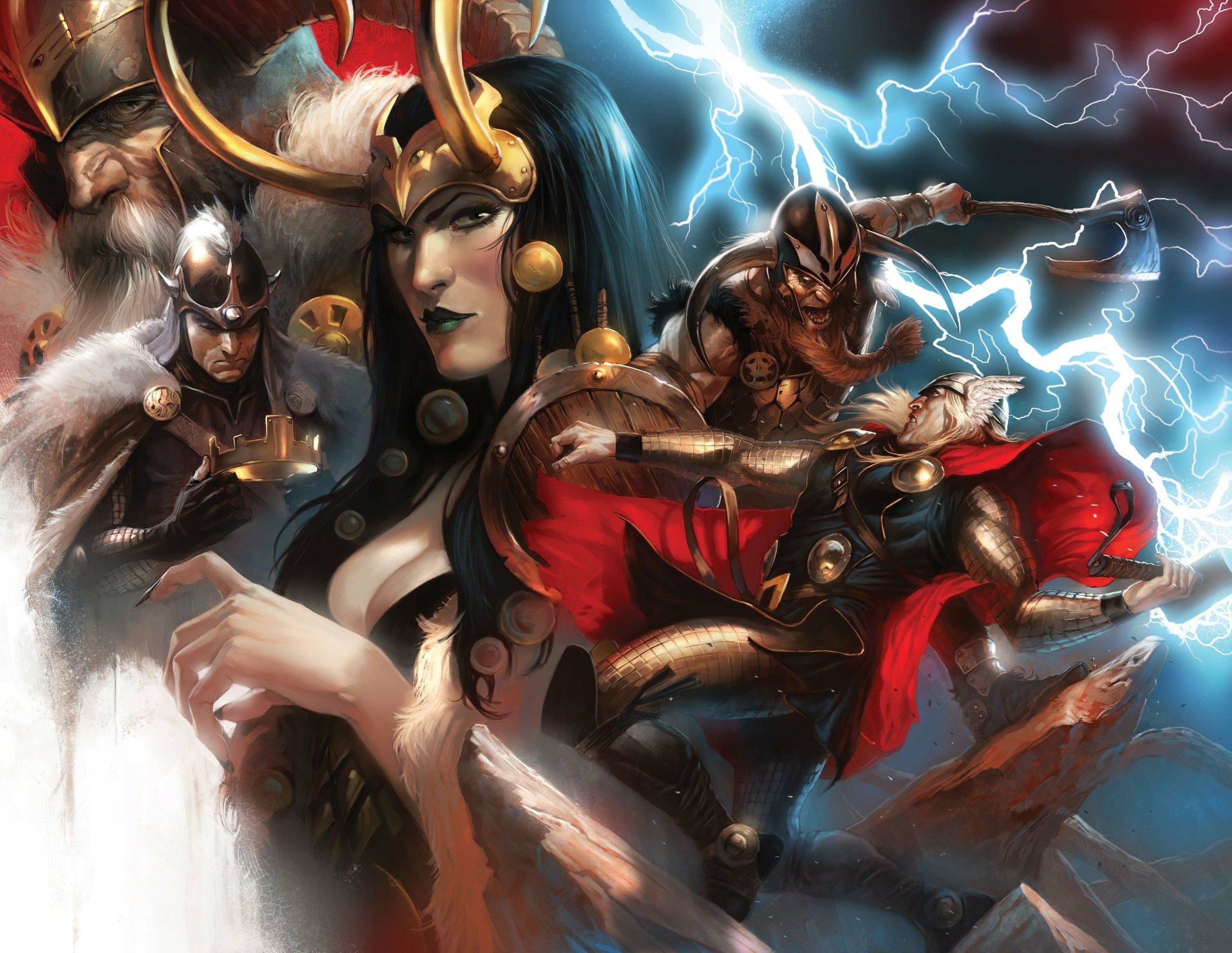A dynamic 4K Ultra HD comic wallpaper featuring Thor and other mythic characters amidst lightning and stormy skies for PC desktop background.