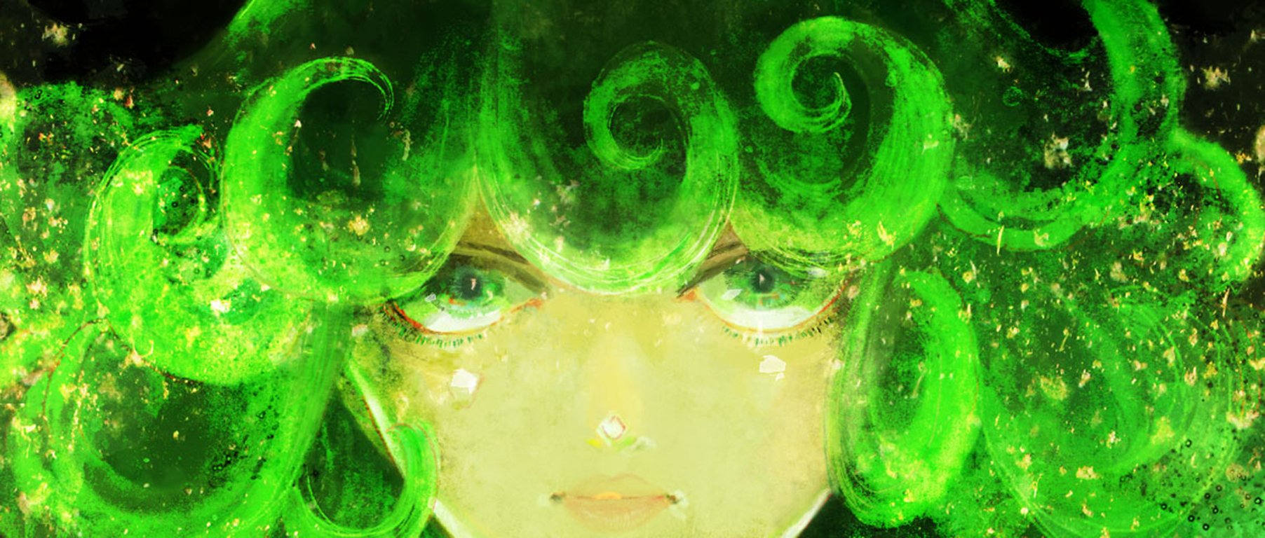 Close-up HD anime wallpaper of Tatsumaki from One-Punch Man, featuring her intense green eyes and swirling green psychic energy.
