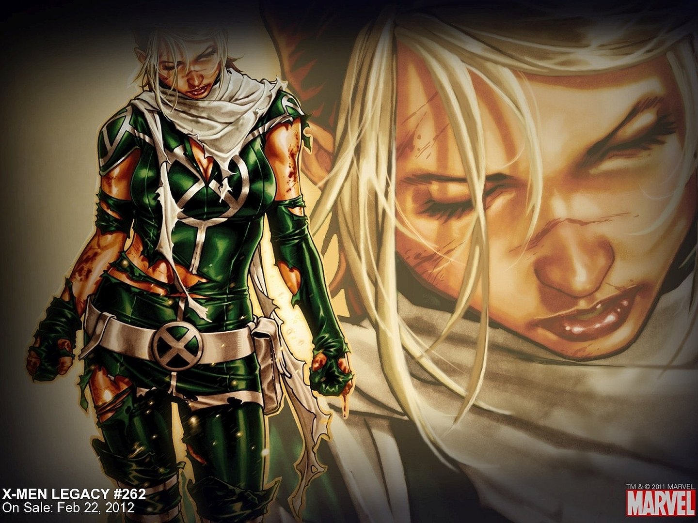 HD PC desktop wallpaper featuring a dynamic comic-style illustration from X-Men: Legacy, showcasing a character in green armor with a determined expression.