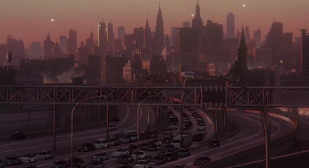 HD anime desktop wallpaper featuring a dusk cityscape with a busy highway, inspired by the style of Cowboy Bebop.