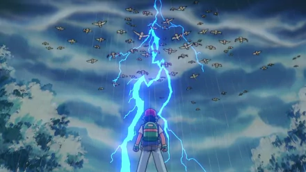 HD anime desktop wallpaper featuring Ash Ketchum facing a flock of Spearow, with striking blue lightning illuminating the dramatic Pokémon battle scene.