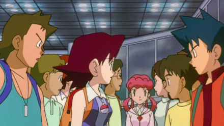 Anime HD PC desktop wallpaper from Pokémon: The First Movie — Ash, Brock, Misty and friends stand in two opposing lines inside a bright, futuristic terminal.