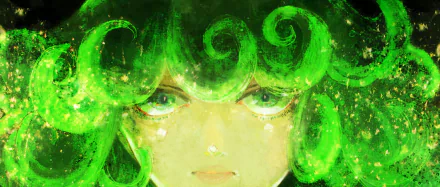 Close-up HD anime wallpaper of Tatsumaki from One-Punch Man, featuring her intense green eyes and swirling green psychic energy.