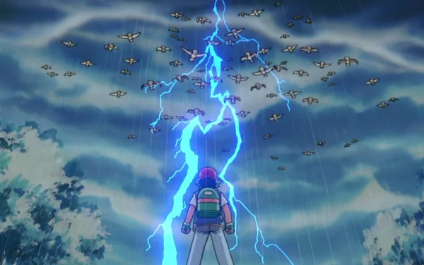 HD anime desktop wallpaper featuring Ash Ketchum facing a flock of Spearow, with striking blue lightning illuminating the dramatic Pokémon battle scene.