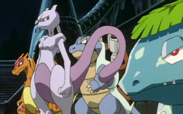 HD PC desktop wallpaper featuring Mewtwo, Venusaur, Blastoise, and Charizard from Pokémon: The First Movie in anime style.
