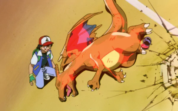 HD desktop wallpaper featuring Ash Ketchum and Charizard from Pokémon: The First Movie in anime style.