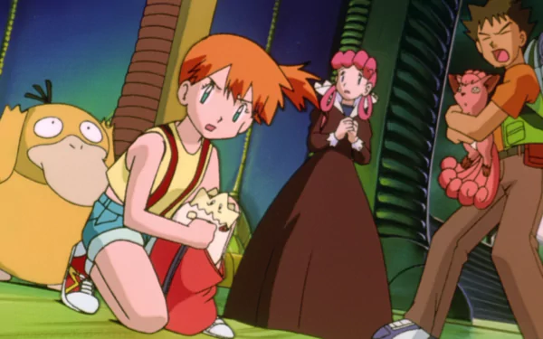 A vibrant HD wallpaper featuring Vulpix, Brock, Nurse Joy, Togepi, Misty, and Psyduck from Pokémon: The First Movie in a dynamic anime scene.