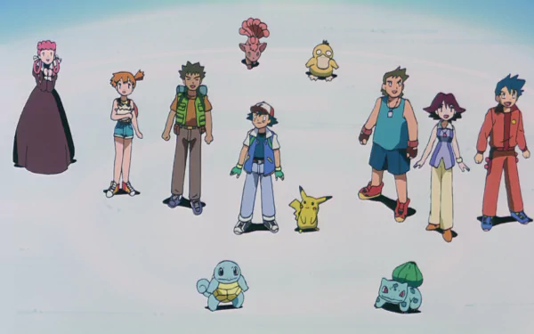 An HD wallpaper featuring beloved Pokémon characters: Bulbasaur, Squirtle, Psyduck, Vulpix, Pikachu, Ash Ketchum, Misty, Brock, Nurse Joy, and Togepi from Pokémon: The First Movie.