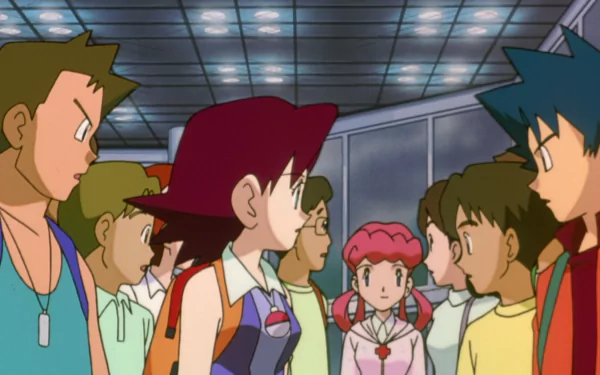 Anime HD PC desktop wallpaper from Pokémon: The First Movie — Ash, Brock, Misty and friends stand in two opposing lines inside a bright, futuristic terminal.