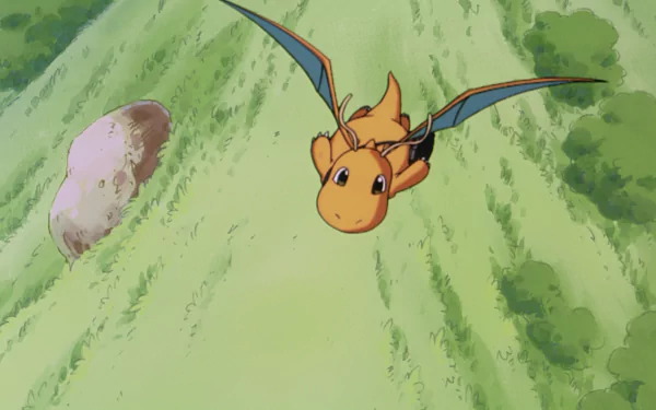 A vibrant HD wallpaper featuring Dragonite from Pokémon, soaring over a lush landscape, inspired by Pokémon: The First Movie. Bright colors and dynamic pose capture the adventurous spirit.