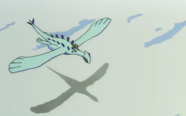 Ash Ketchum rides Lugia through the skies, with Pikachu by his side, in this vibrant HD wallpaper from Pokémon: The Movie 2000.