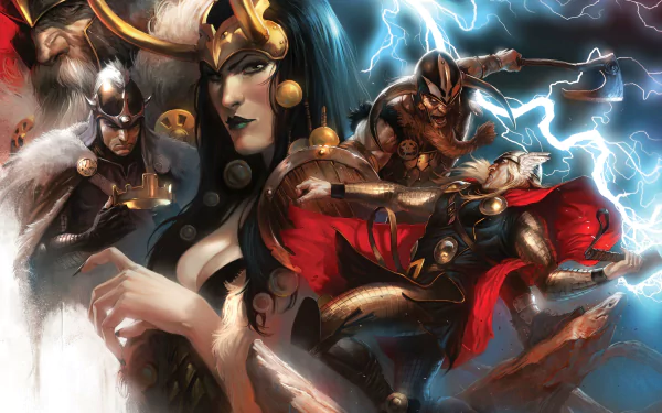 A dynamic 4K Ultra HD comic wallpaper featuring Thor and other mythic characters amidst lightning and stormy skies for PC desktop background.