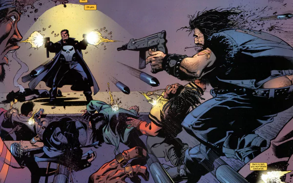 HD PC desktop wallpaper/background — comic-style Frank Castle (The Punisher) stands amid fallen enemies, firing pistols as bullets fly and chaos unfolds.