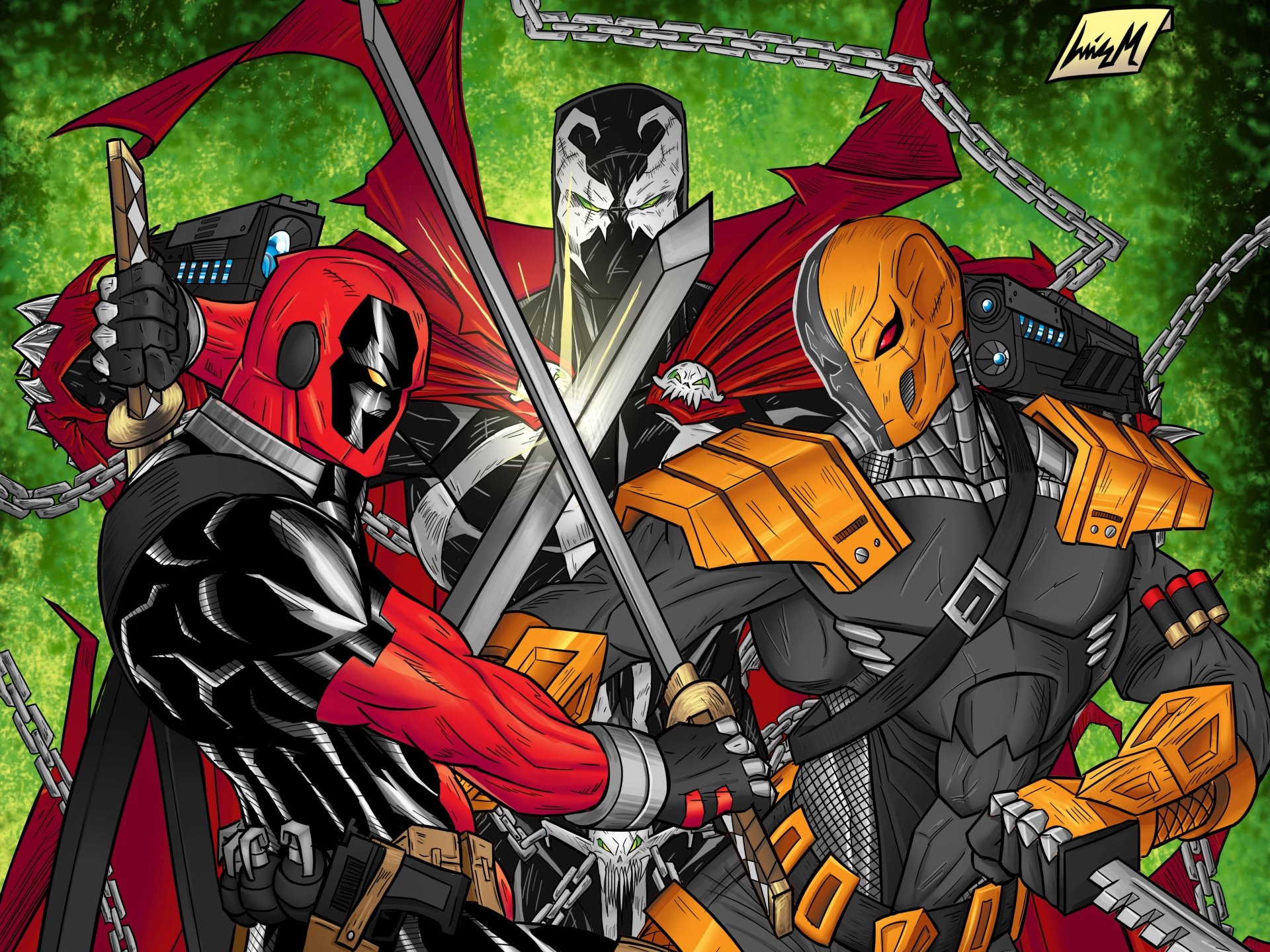 Comic-style artwork featuring Deadpool alongside other iconic characters, set against a vibrant green background. An engaging 4K Ultra HD desktop wallpaper and background.
