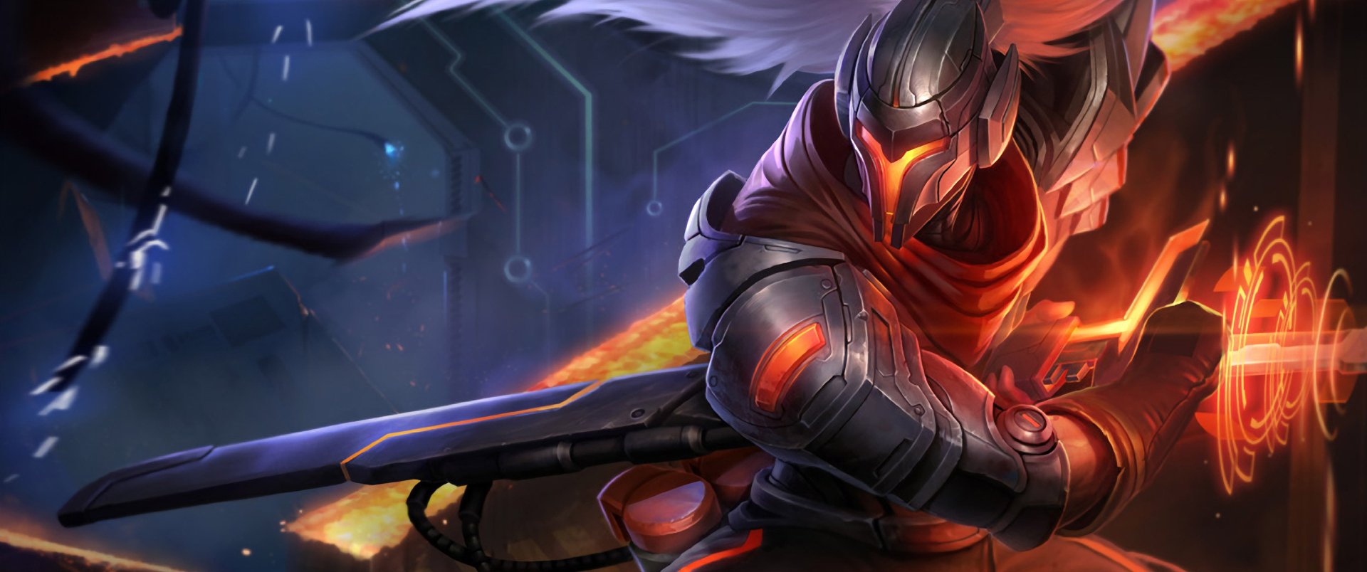HD desktop wallpaper featuring Yasuo from League of Legends in a dynamic action pose, set against a futuristic background.