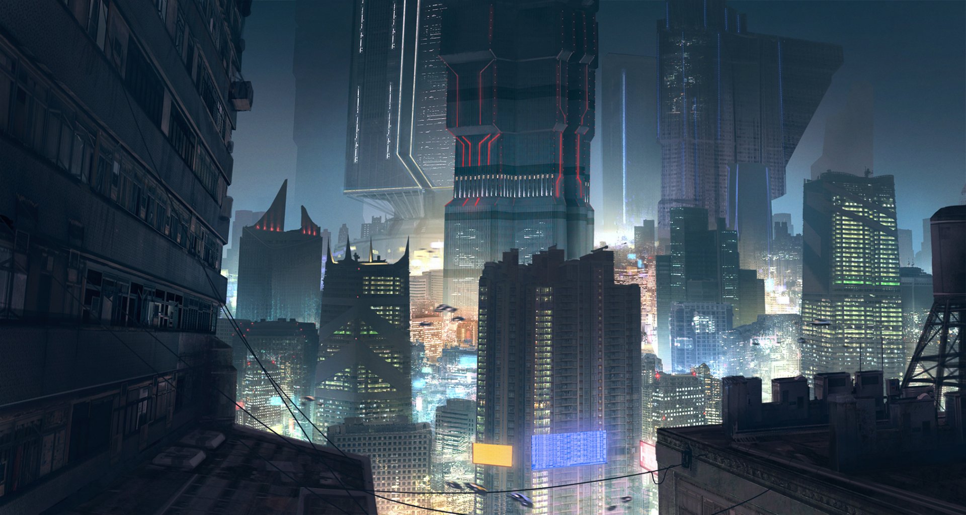 Futuristic sci-fi cityscape at night with towering skyscrapers and glowing lights, captured in a high-definition PC desktop wallpaper background.