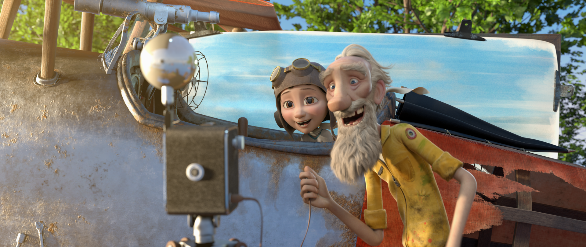 HD PC desktop wallpaper and background from the movie The Little Prince: the aviator and a young girl leaning from a whimsical airplane, smiling beneath a bright blue sky.