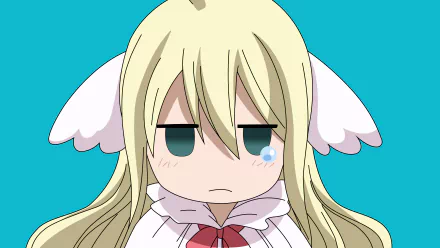 HD desktop wallpaper featuring Mavis Vermilion from the anime Fairy Tail, depicted in a chibi style with a neutral expression against a blue background.