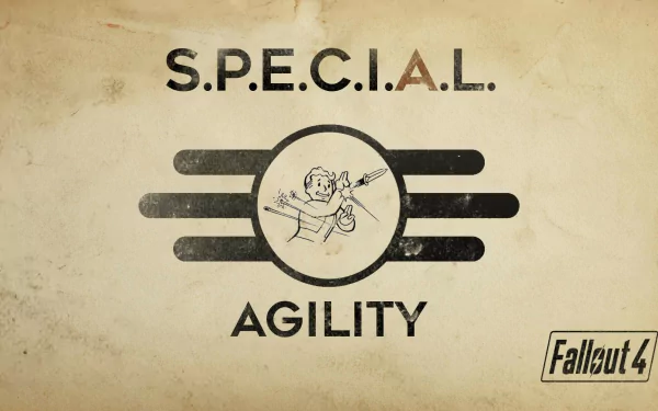 Vault Boy from Fallout 4, showcasing the S.P.E.C.I.A.L. skill of Agility. This HD desktop wallpaper features a vintage design and highlights a key aspect of the game.
