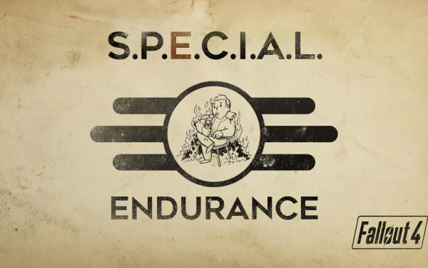 HD Fallout 4 desktop wallpaper featuring Vault Boy with the S.P.E.C.I.A.L. Endurance attribute design in a vintage, worn style background.