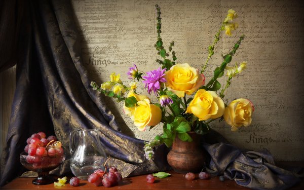 Photography Still Life Rose Grapes Yellow Flower HD Wallpaper | Background Image