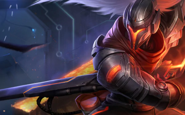 HD desktop wallpaper featuring Yasuo from League of Legends in a dynamic action pose, set against a futuristic background.