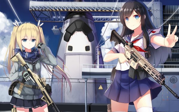 Anime Original Weapon Gun School Uniform Long Hair Blue Eyes Black Hair Blonde HD Wallpaper | Background Image