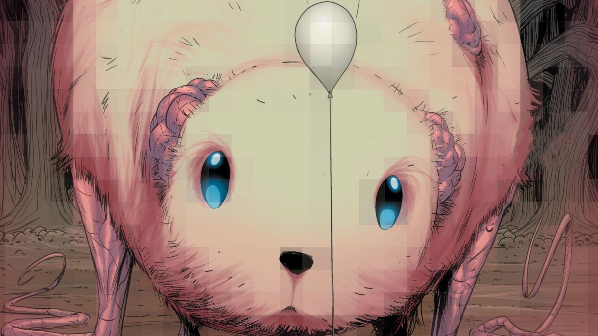 Comic, East Of West HD PC desktop wallpaper: close-up of a large pink teddy with bright blue eyes, a balloon string down the center, and surreal, unsettling flesh-like details.