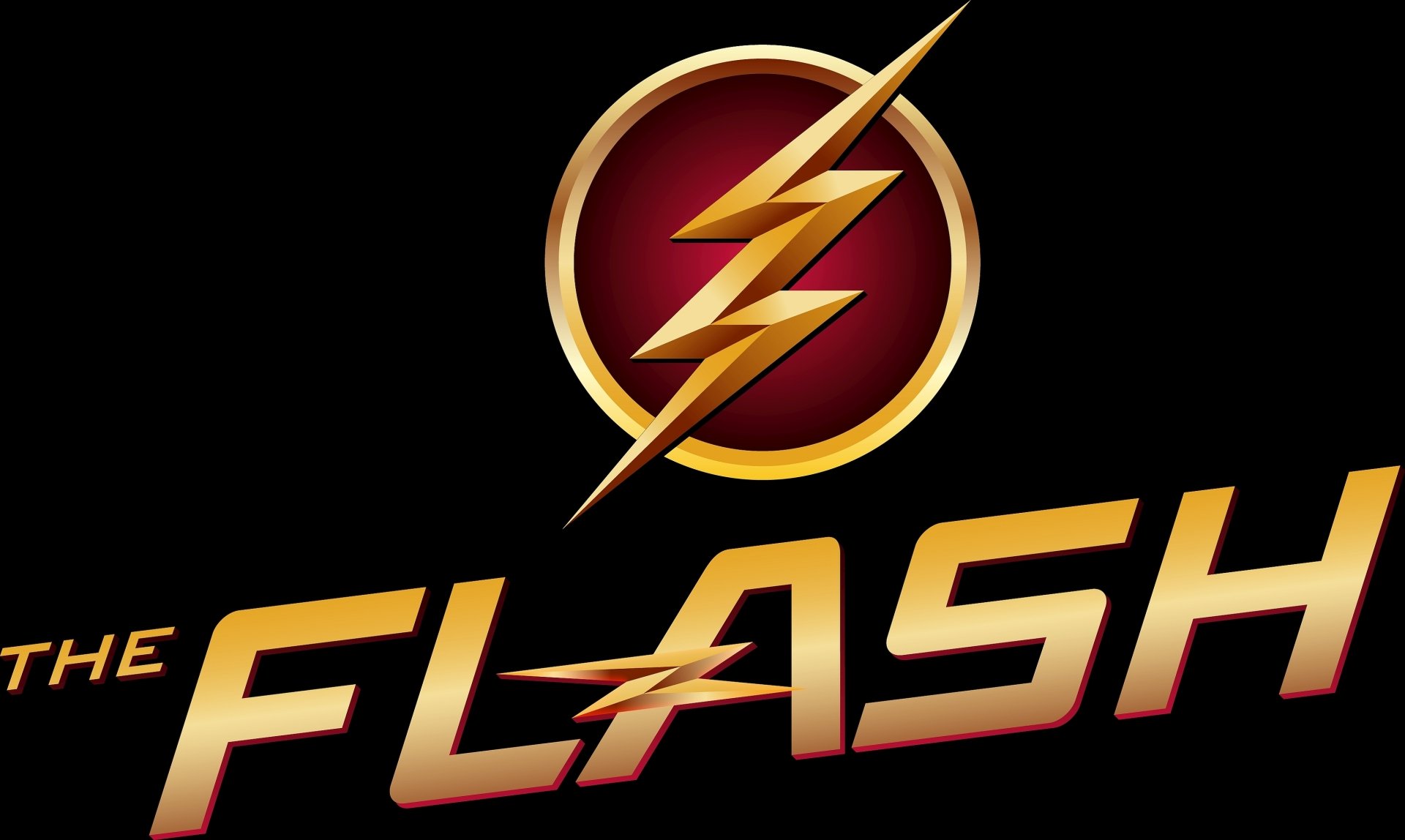 HD desktop wallpaper featuring the logo of The Flash from DC Comics. The design shows the word Flash in bold gold letters with a lightning bolt symbol against a black background.