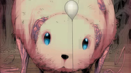 Comic, East Of West HD PC desktop wallpaper: close-up of a large pink teddy with bright blue eyes, a balloon string down the center, and surreal, unsettling flesh-like details.