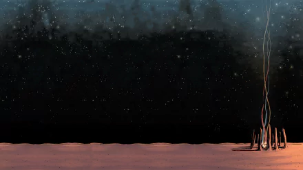 Comic-style East of West 2K Quad HD PC desktop wallpaper: red barren plain beneath a starry night, a cluster of tall, thin scorched spires at right.