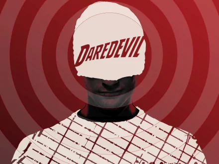 Stylized comic Daredevil portrait against red concentric circles, white cap stamped Daredevil obscuring his face — minimalist 5K Ultra HD PC desktop wallpaper/background.