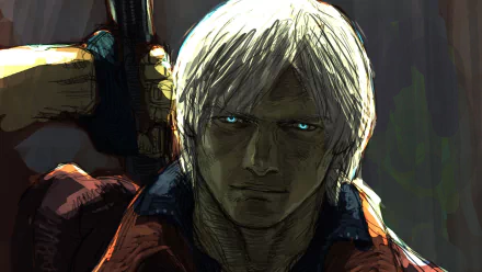 Close-up of Dante from Devil May Cry 4, showcasing his white hair, glowing blue eyes, and sword. The HD wallpaper captures the intensity of this iconic video game character.