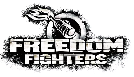 HD PC desktop wallpaper featuring a dark, grunge-style Freedom Fighters logo with a hand holding a flaming torch, evoking themes of anarchy and rebellion.