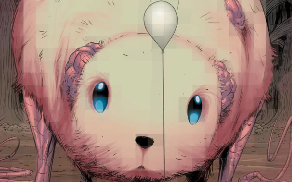 Comic, East Of West HD PC desktop wallpaper: close-up of a large pink teddy with bright blue eyes, a balloon string down the center, and surreal, unsettling flesh-like details.