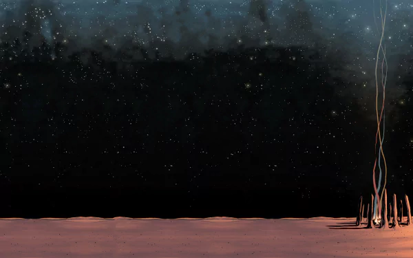 Comic-style East of West 2K Quad HD PC desktop wallpaper: red barren plain beneath a starry night, a cluster of tall, thin scorched spires at right.