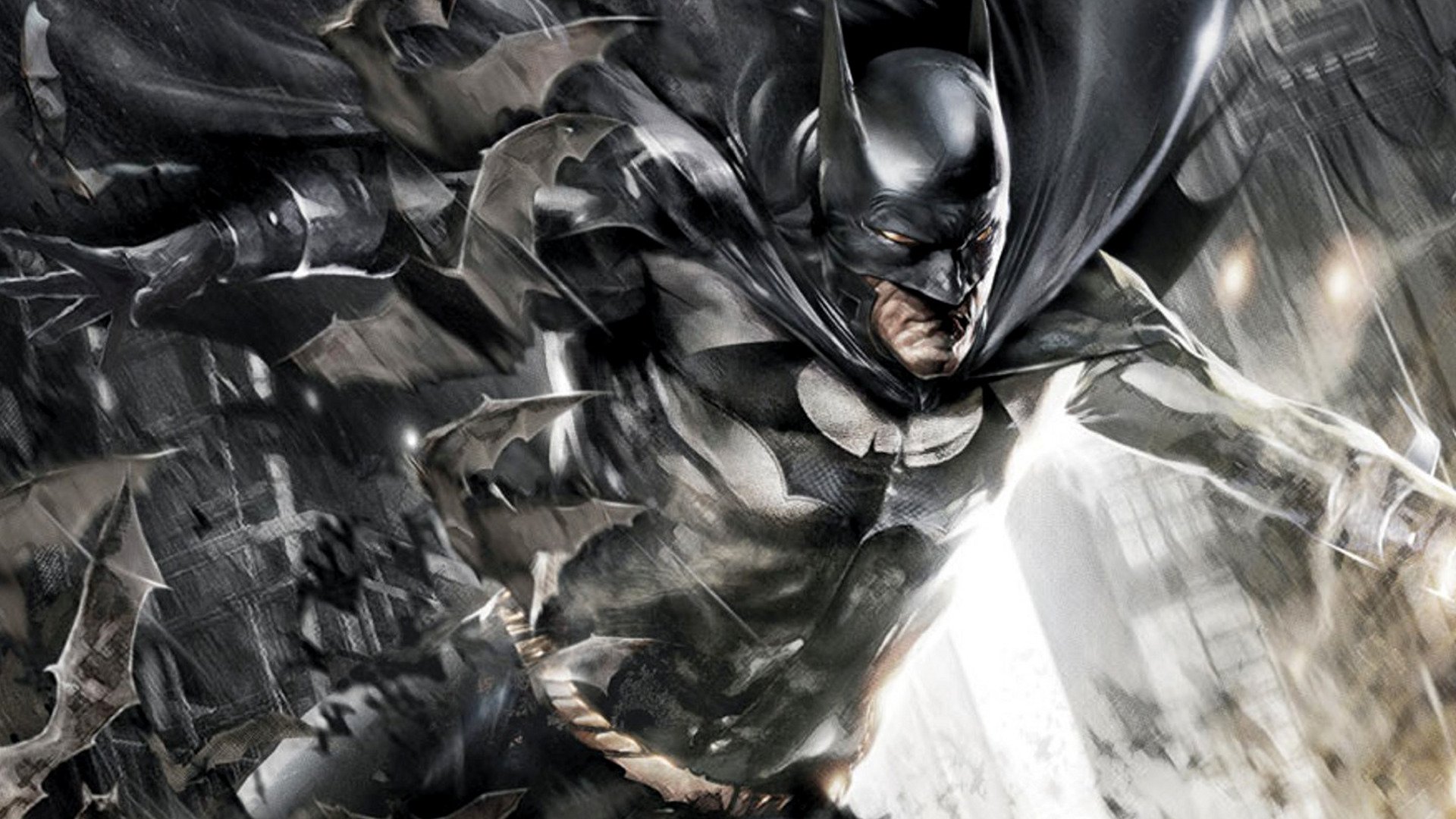 High-definition desktop wallpaper featuring Batman, a dynamic and powerful portrayal from DC Comics, set against a backdrop of swirling bats and shadowy Gotham.