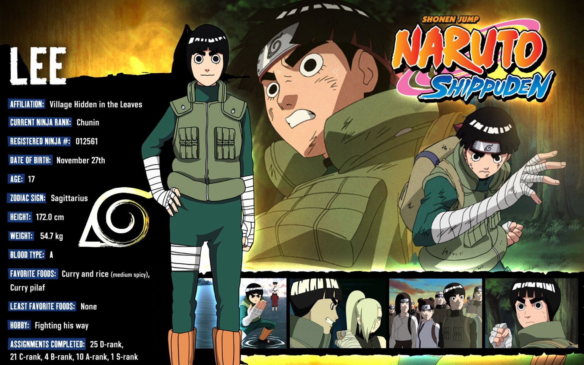 Rock Lee from the anime Naruto, featured in a vibrant 4K Ultra HD wallpaper showcasing his character profile and scenes from the series.