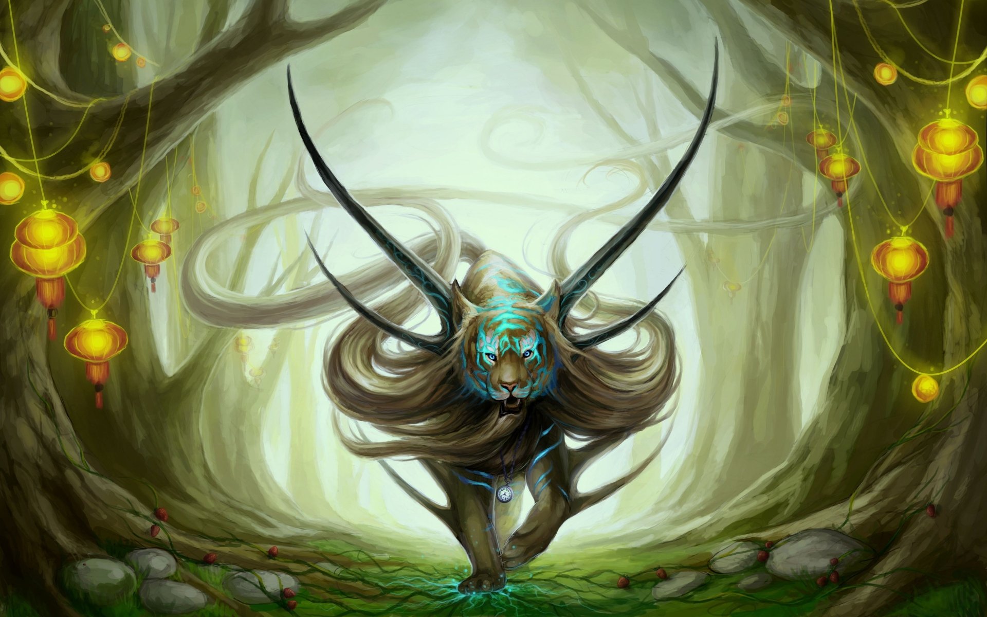 HD fantasy desktop wallpaper featuring a mystical tiger with large antlers, glowing blue eyes, and a flowing mane, surrounded by illuminated lanterns in an enchanted forest.
