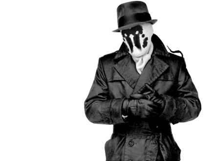 A striking HD desktop wallpaper featuring Rorschach from the comic Watchmen, showcasing his iconic black-and-white attire and enigmatic mask against a minimalist background.