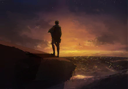 HD desktop wallpaper featuring Levi Ackerman from Attack on Titan, standing on a cliff overlooking a vast landscape at sunset. The scene is painted with rich, vibrant colors.
