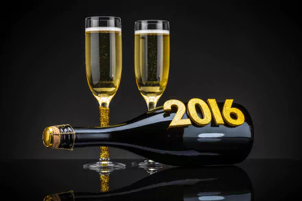Two elegant champagne flutes stand beside a black bottle featuring the year 2016, celebrating the New Year in a festive and glamorous setting. This 4K Ultra HD wallpaper captures the holiday spirit.