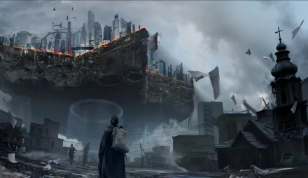 A stunning sci-fi city floats above a desolate landscape, featuring futuristic architecture and a dramatic sky, perfect as an HD PC desktop wallpaper and background.