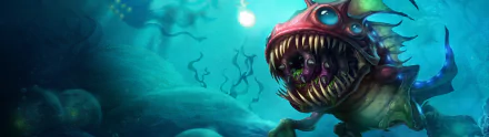 HD PC desktop wallpaper of Kog'Maw from the video game League of Legends: a toothy, bioluminescent maw and writhing tentacles emerging from turquoise depths.