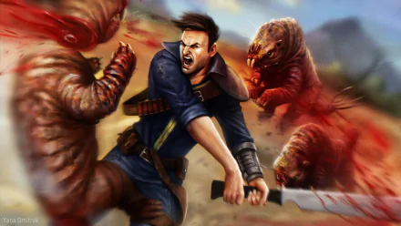 The Courier from Fallout: New Vegas fiercely battles mutated creatures in a dynamic HD PC desktop wallpaper showcasing intense action from the video game.