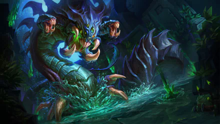 A vibrant HD wallpaper featuring Baron Nashor from League of Legends, showcasing the menacing creature emerging from dark waters in a mystical game environment.