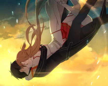 HD wallpaper featuring Kirito and Asuna Yuuki from Sword Art Online, capturing a romantic moment against a vibrant sunset backdrop.