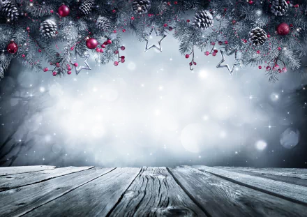A festive HD desktop wallpaper featuring Christmas ornaments, pinecones, and berries hanging over a wooden surface with a frosty, snowy background.
