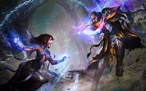 HD fantasy desktop wallpaper depicting a fierce battle between a sorceress and a sorcerer wielding powerful magical energy.